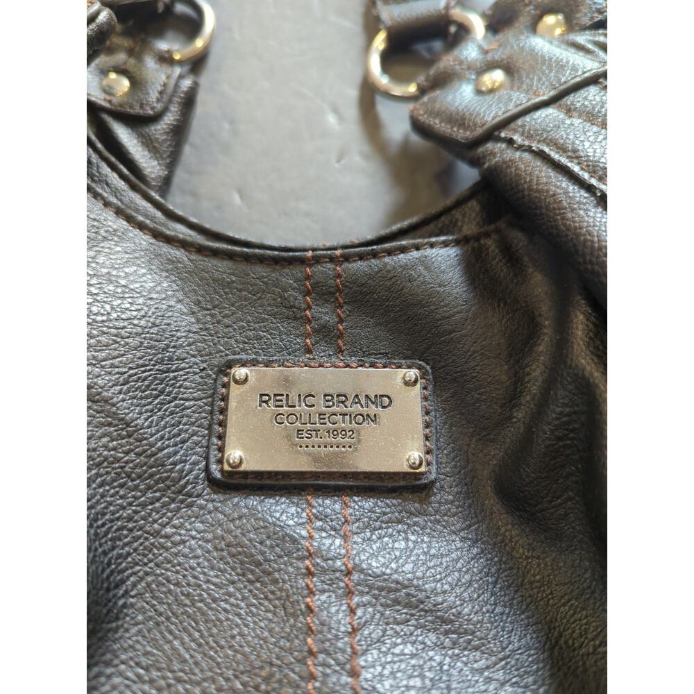 Relic Hobo Dark Brown Vinyl With Braided Handles Bag‎ Zips On Sides Snap Closure